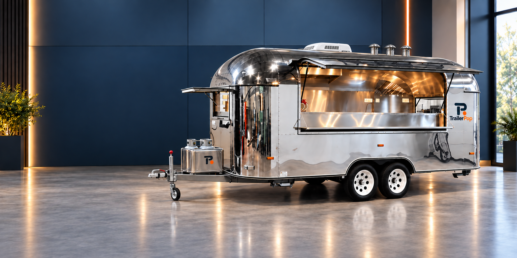 TrailerPop European Standard 5.0 polished silver trailer in an indoor showroom
